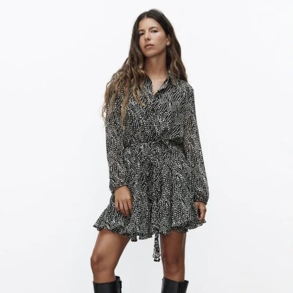 Zara Printed Mini Shirt Dress S Black White Polka Dot Flared Skirt - Picture 6 of 16